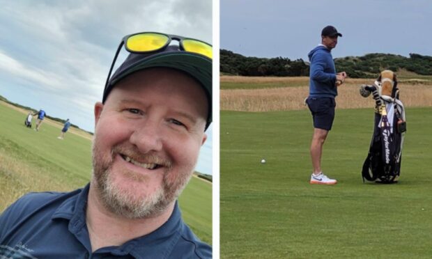 Golfer Kieran Harris with Rory McIlroy in the background at St Andrews.