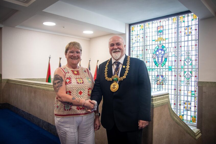 Lesley with the Lord Provost of Dundee Bill Campbell after she and Phil were named citizens of the year.