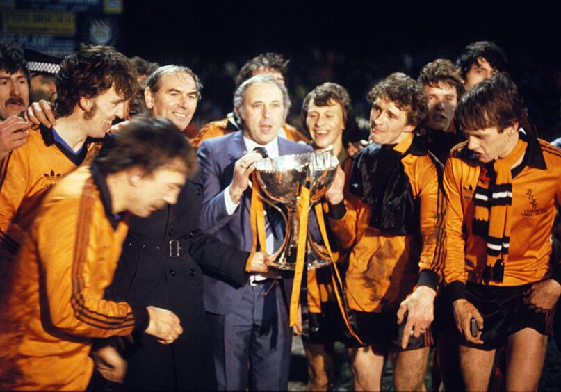 Jim McLean and the Dundee United players are all smiles with the 1979 League Cup. 