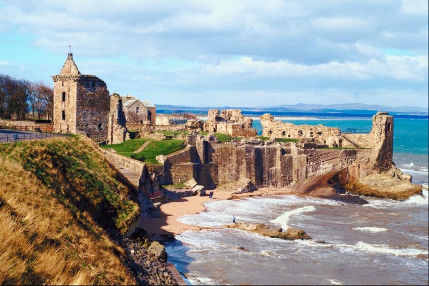 St Andrews Castle in Fife. The ruined castle is perched on a cliff above Castle Sands beach.