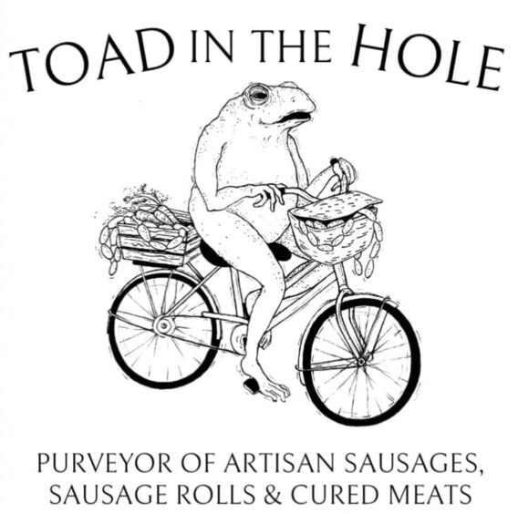 Toad in the Hole logo, showing toad on a delivery bike with sausages spilling out of the basket