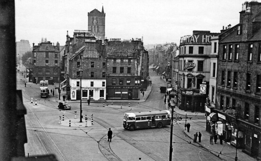 An aerial shot showing Boots corner during the trams era.