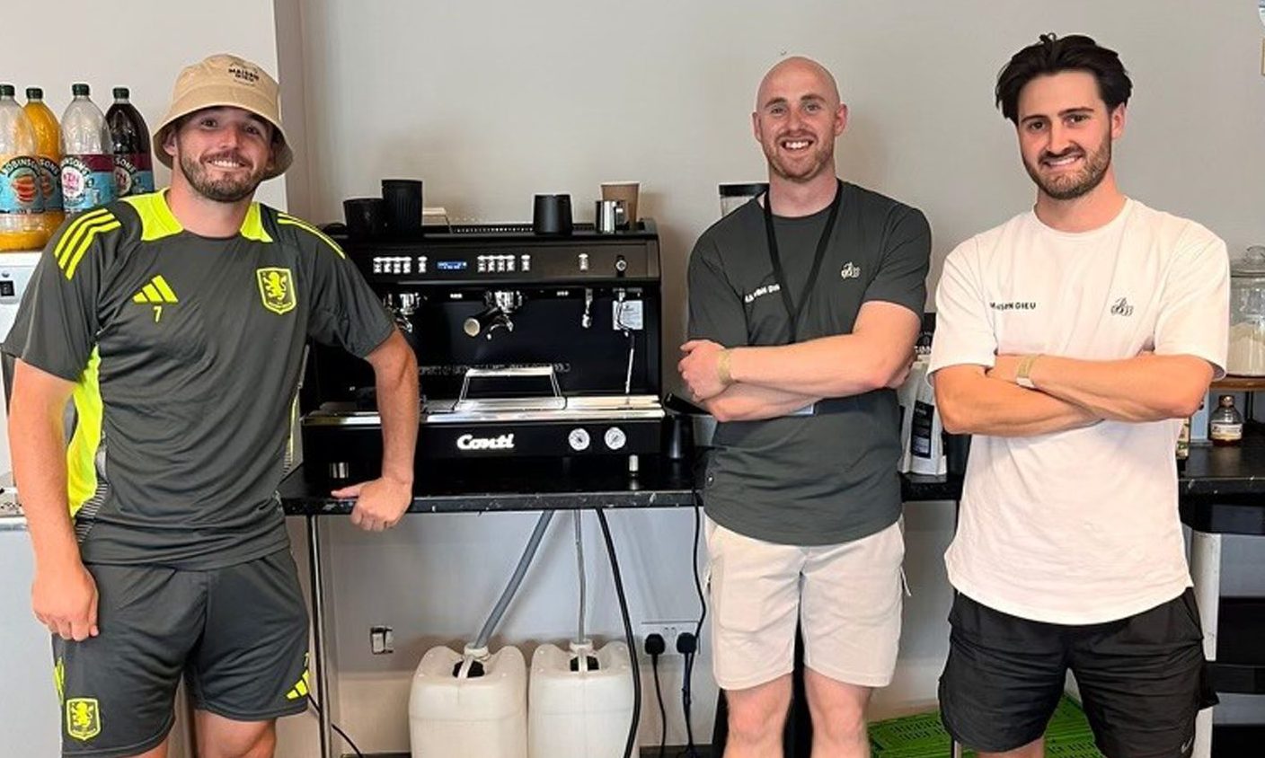 Aston Villa captain John McGinn with Euan Spark and Lewis Hill from Maison Dieu Coffee Roasters.