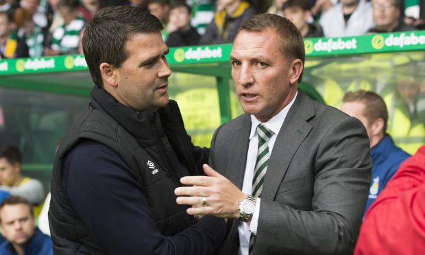 Linfield manager David Healy with Celtic boss Brendan Rodgers.