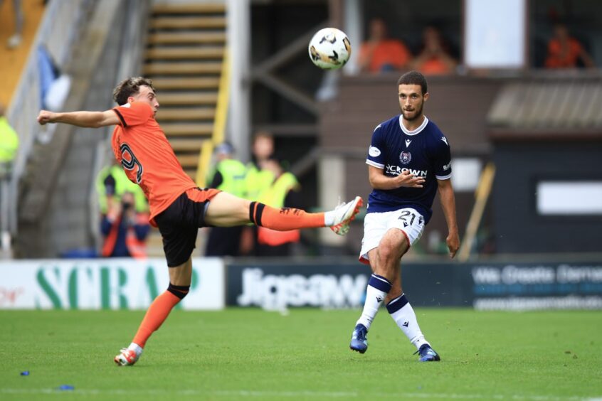 Ziyad Larkeche takes on Dundee United. Image: David Young/Shutterstock