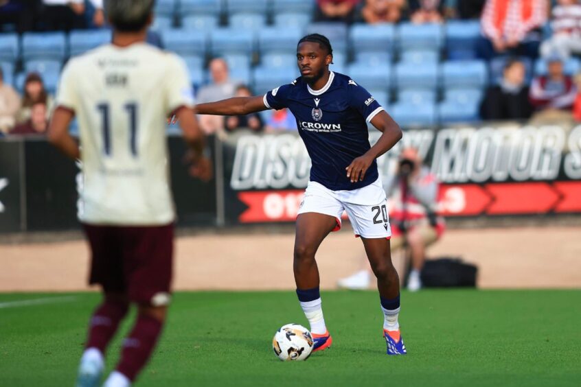 Billy Koumetio made his Dundee debut off the bench against Hearts. Image: David Young/Shutterstock