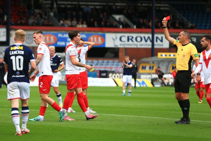 Euan Anderson sends off Airdrie defender Dylan MacDonald at Dens. Image: David Young/Shutterstock