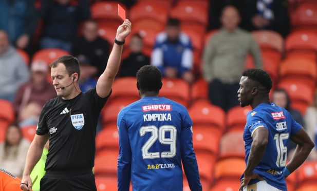 Adama Sidibeh is sent off at Tannadice.