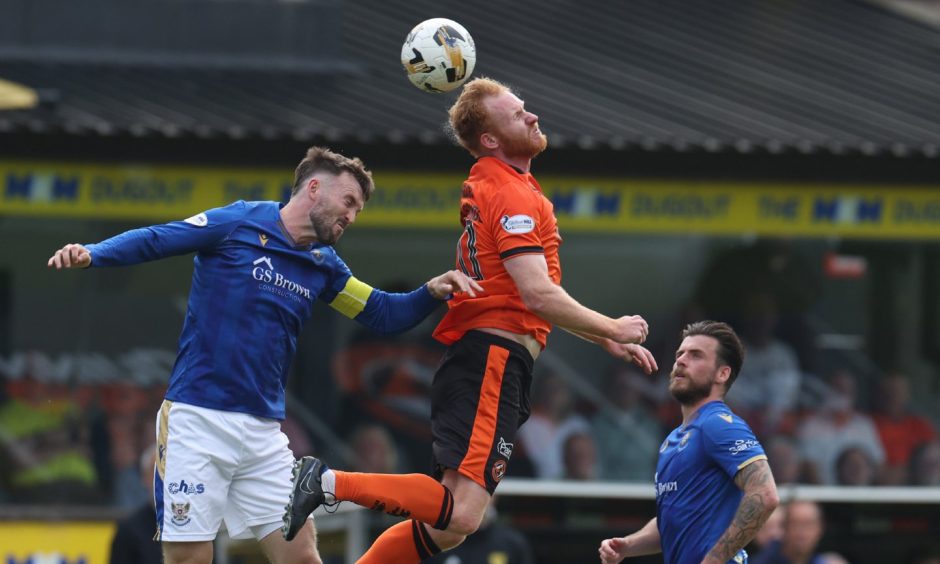 Dundee United's Jort Van der Sande battles for another high ball