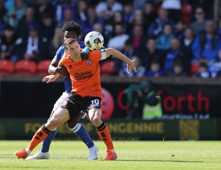 Dundee United's David Babunski battles for possession