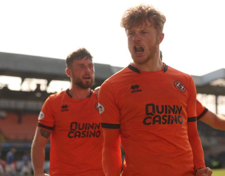 Luca Stephenson roars with delight after scoring for Dundee United