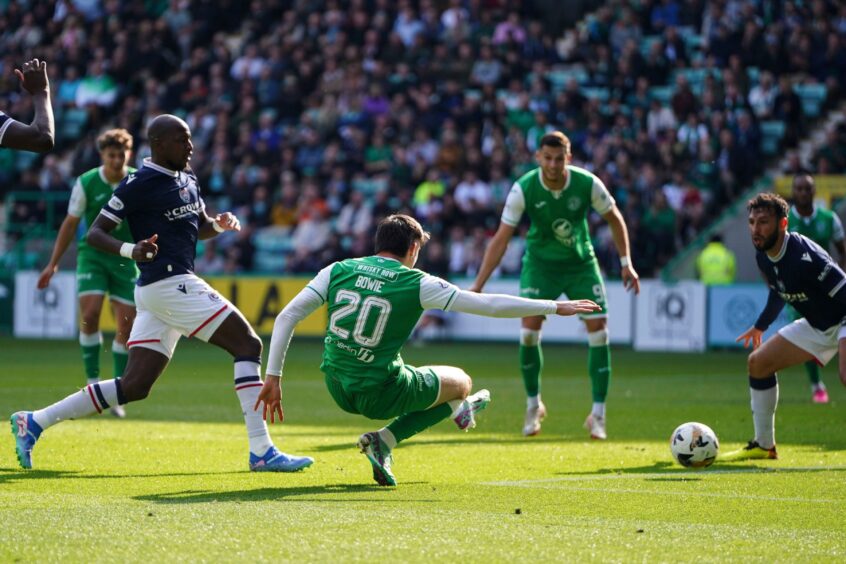 Kieron Bowie puts Hibs in front. Image: Pete Summers/Shutterstock