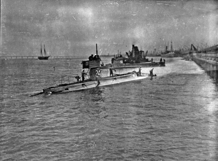 A surfaced sub at the the submarine base in Dundee. 