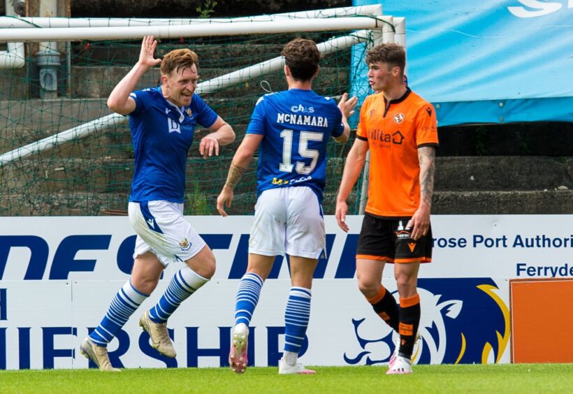 Liam Criag, left, celebrates his sweet volley against Dundee United.