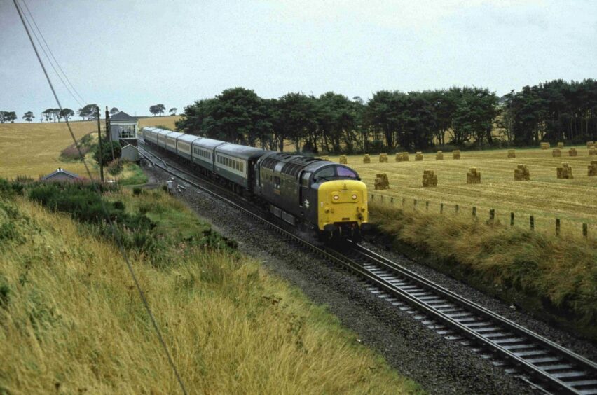 The Black Watch passes through fields dotted with hay bales at Usan in August 1981.