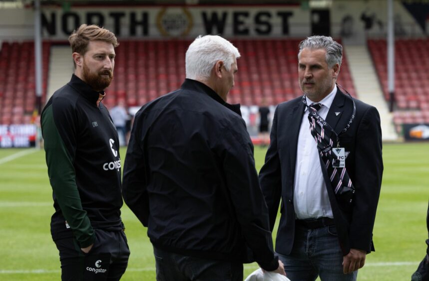 Thomas Meggle, right, ahead of Dunfermline's friendly against St Pauli in June 2023