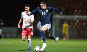 Kieron Bowie in action for Scotland U/21s.