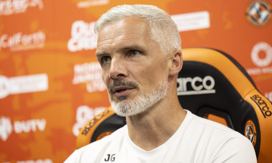 Jim Goodwin speaking at a Dundee United press conference