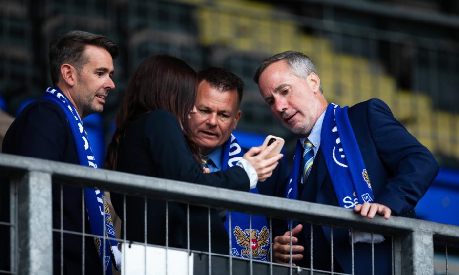 St Johnstone owner Adam Webb alongside fellow American Investors Matt Klase and Chet Arter before a game against Aberdeen.