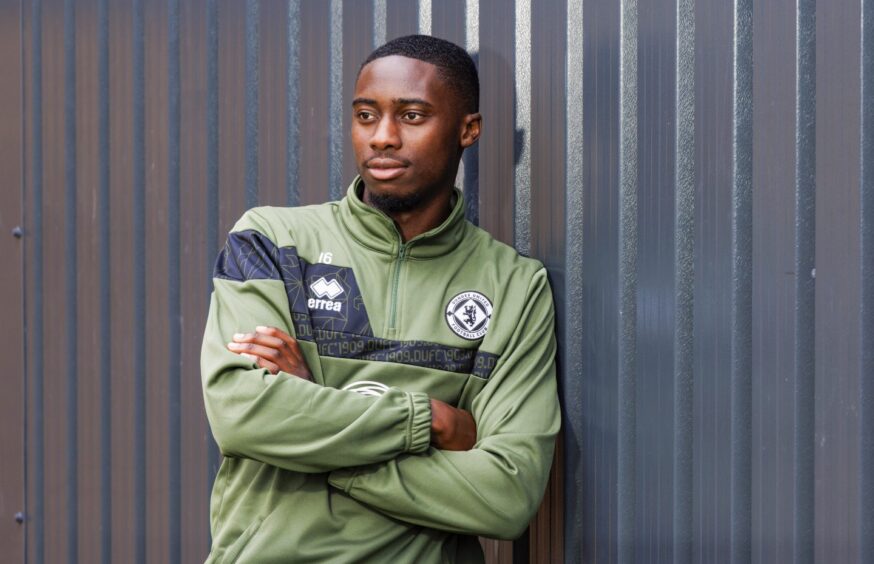 Emmanuel Adegboyega meets the media at his Dundee United unveiling.