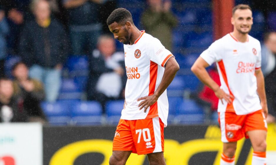 Dundee United's Meshack Ubochioma can't hide his frustration after Ross County's leveller