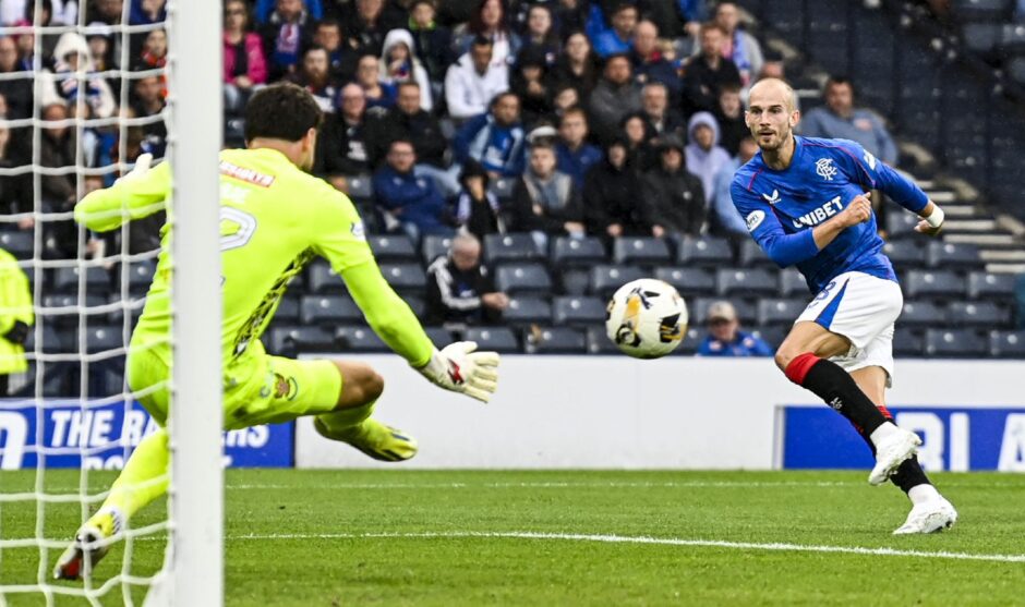 Vaclav Cerny has his shot saved by Josh Rae.