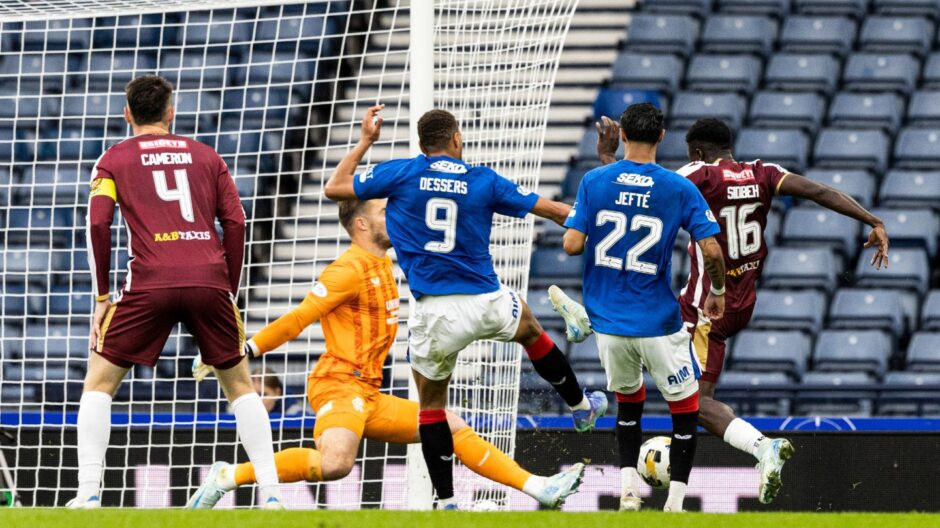 Adama Sidibeh misses a big chance to equalise at the end of the Rangers game. 