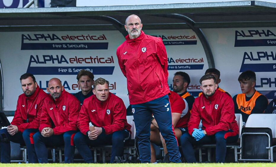 Technical director John Potter and the Raith Rovers bench during the 2-0 defeat to Ayr United.