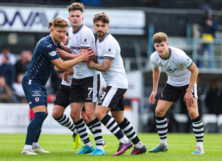 Ayr United strikers Anton Dowds and George Oakley in action against Raith Rovers.