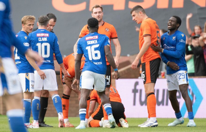 Adama Sidibeh picks up his second red card at Tannadice.