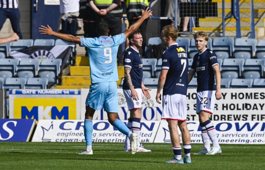 Mikael Mandron celebrates after giving St Mirren the lead. Image: Rob Casey/SNS