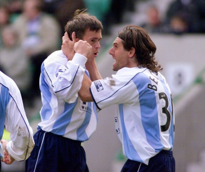 Steven Milne (left) is the last Dundee player to score a winner at Easter Road. Image: DCT