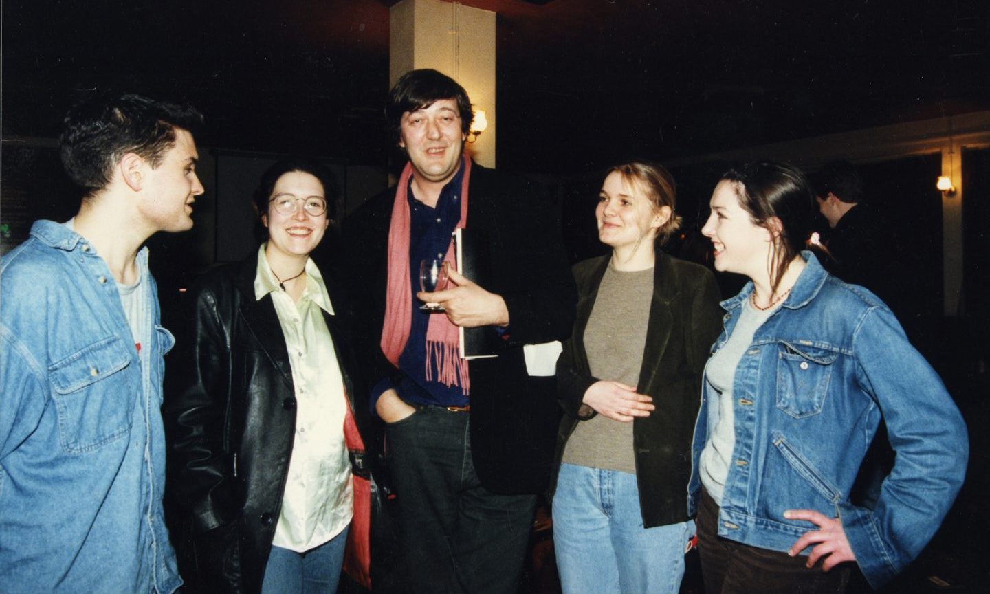 Rector Stephen Fry with students in February 1997.