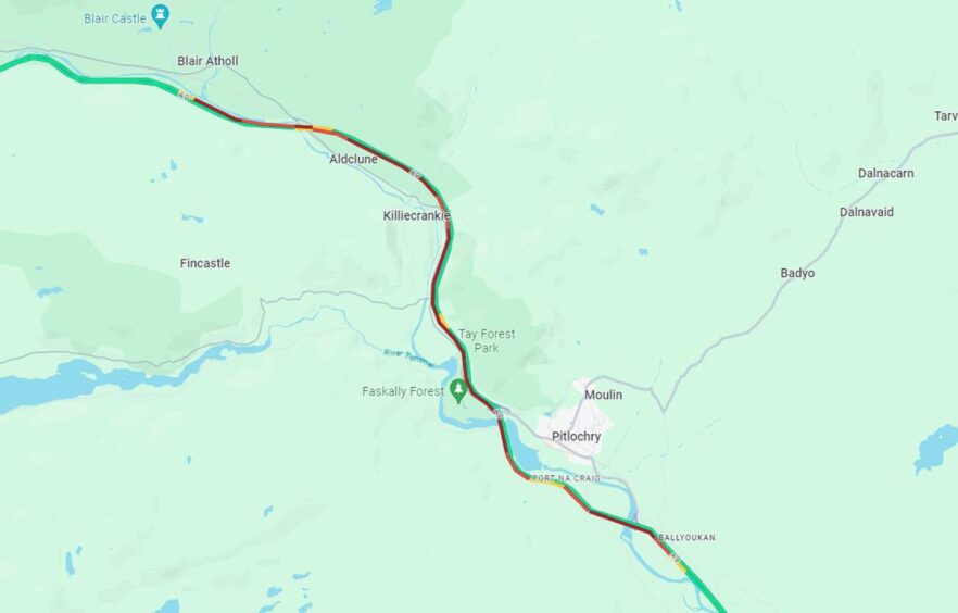 The queue of traffic on the A9 near Blair Atholl amid horse trials 