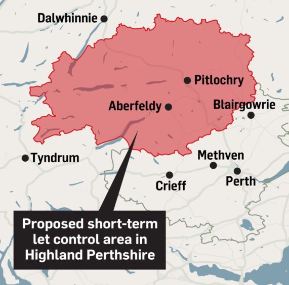 Map for proposed short-term let control area covering Highland Perthshire, including Aberfeldy and Pitlochry, and part of eastern Perthshire north of Blairgowrie