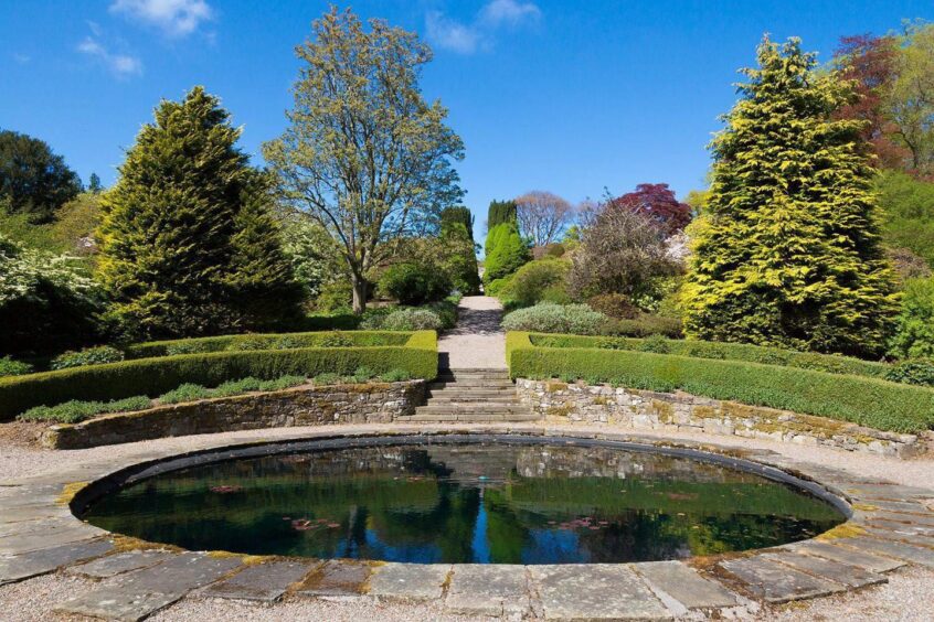 The lily pond - in kinder weather - inside Brechin Castle's walled garden.