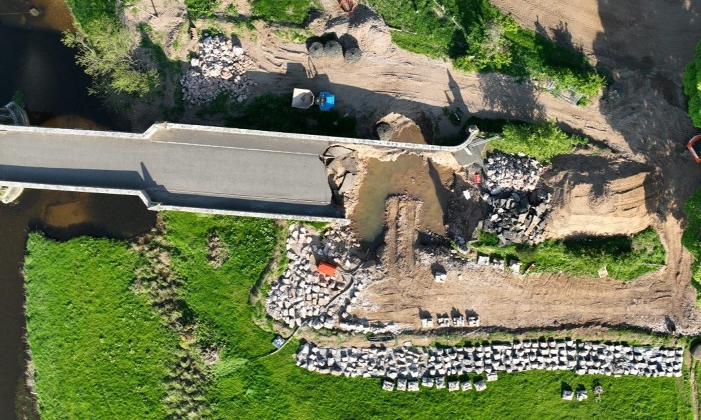 An aerial view showing progress on the Bridge of Dun repair. Image: Angus Council