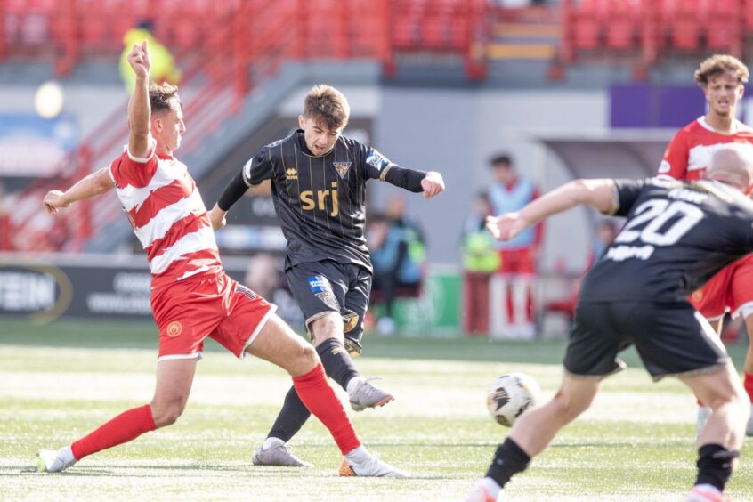 Josh Cooper fires in a shot playing for Dunfermline against Hamilton Accies.