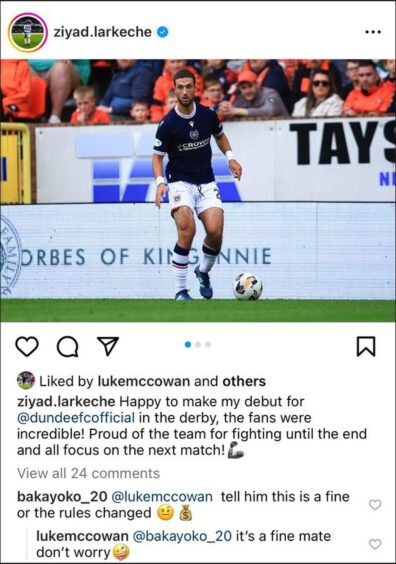 Ziyad Larkeche posted about his Dundee debut on social media. Image: Instagram.