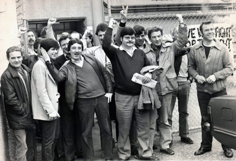 Workers outside Timex celebrate the end of the sit-in back in May 1983. 