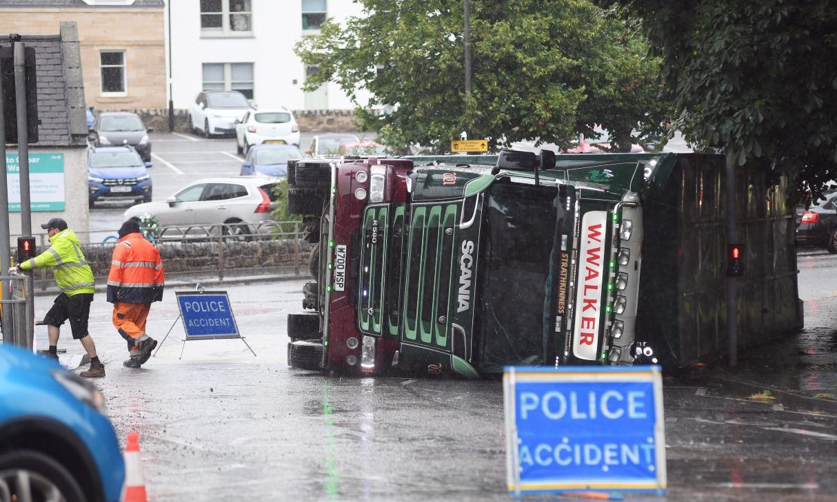 Livestock were trapped in the lorry that overturned in Cupar.