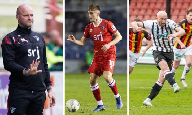 Dunfermline's James McPake, Matty Todd and Chris Kane.