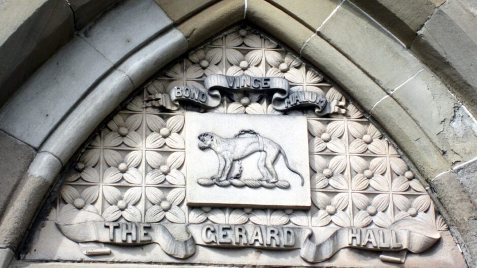 Carvings above the entrance to The Gerard Hall, which was a Dundee war hospital. 