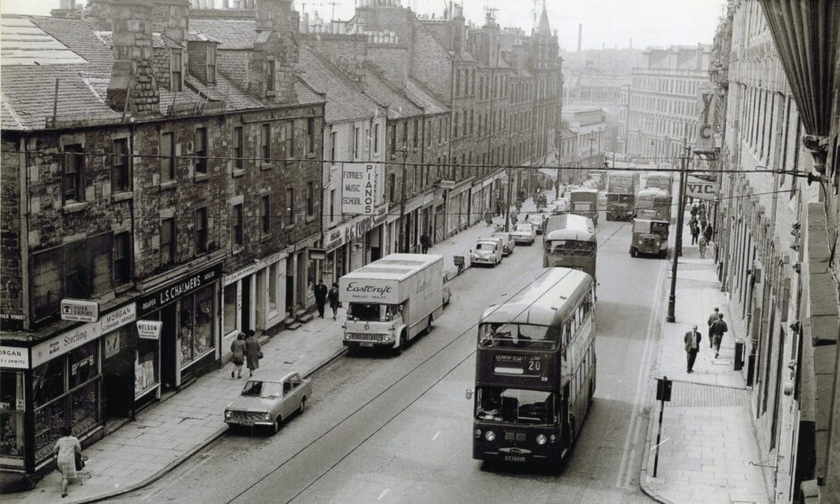 Buses heading up Victoria Road, Dundee, in May 1968.