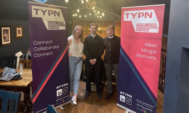 Glen Kelly of TSPC, EQ Accountants Sam Walker and Heather Whyte from Dundee & Angus Chamber of Commerce.. Dundee. Image: Tayside Young Professionals