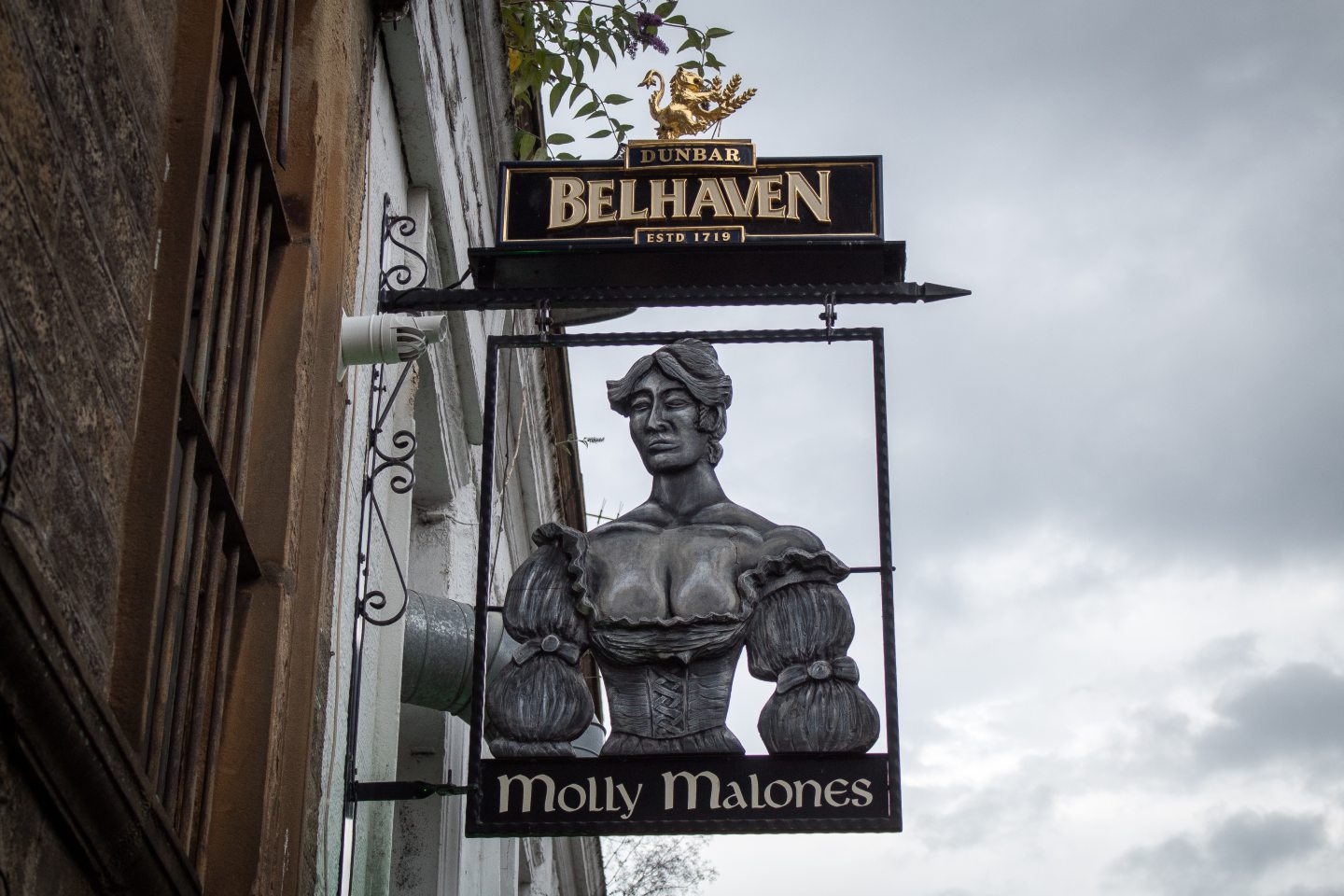 Sign reading 'Molly Malones' with a woman above it. 