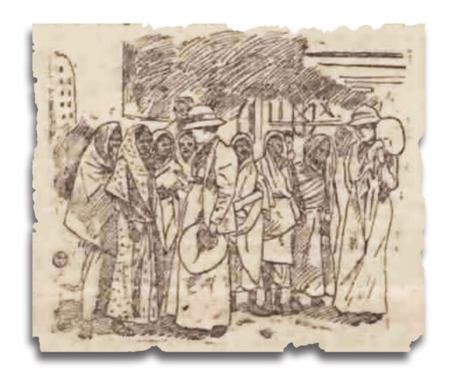 A sketch of jute workers being interviewed.