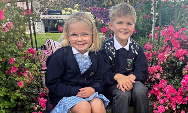 Joe and Eppy Brown on their first day in P4 and P2 at Auchterhouse Primary School. Image: Kirsty Brown.