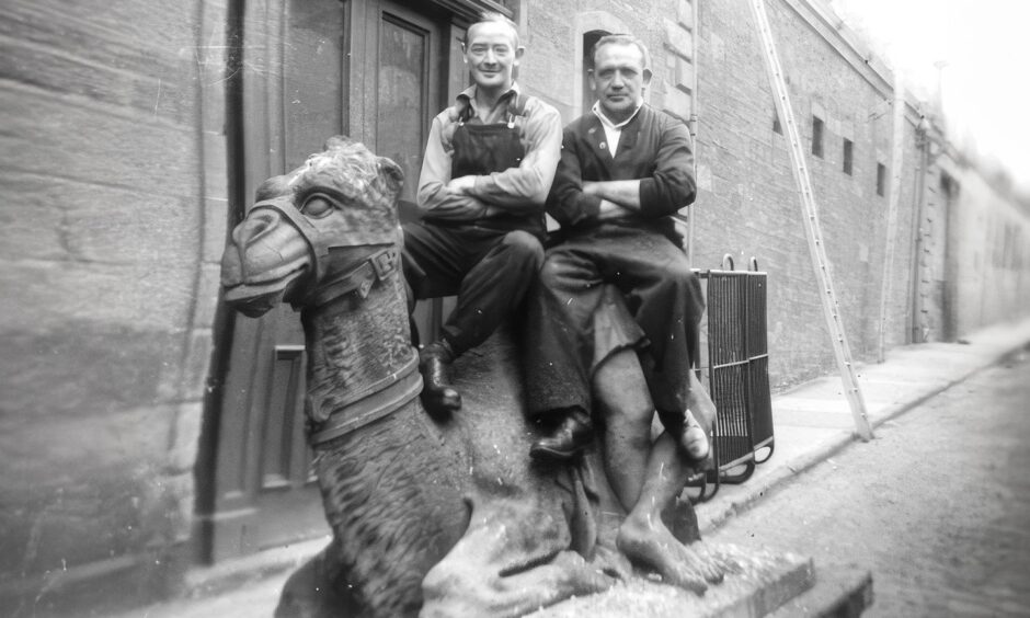 Two smiling workers photographed sitting on the camel at Bowbridge Works in 1955.