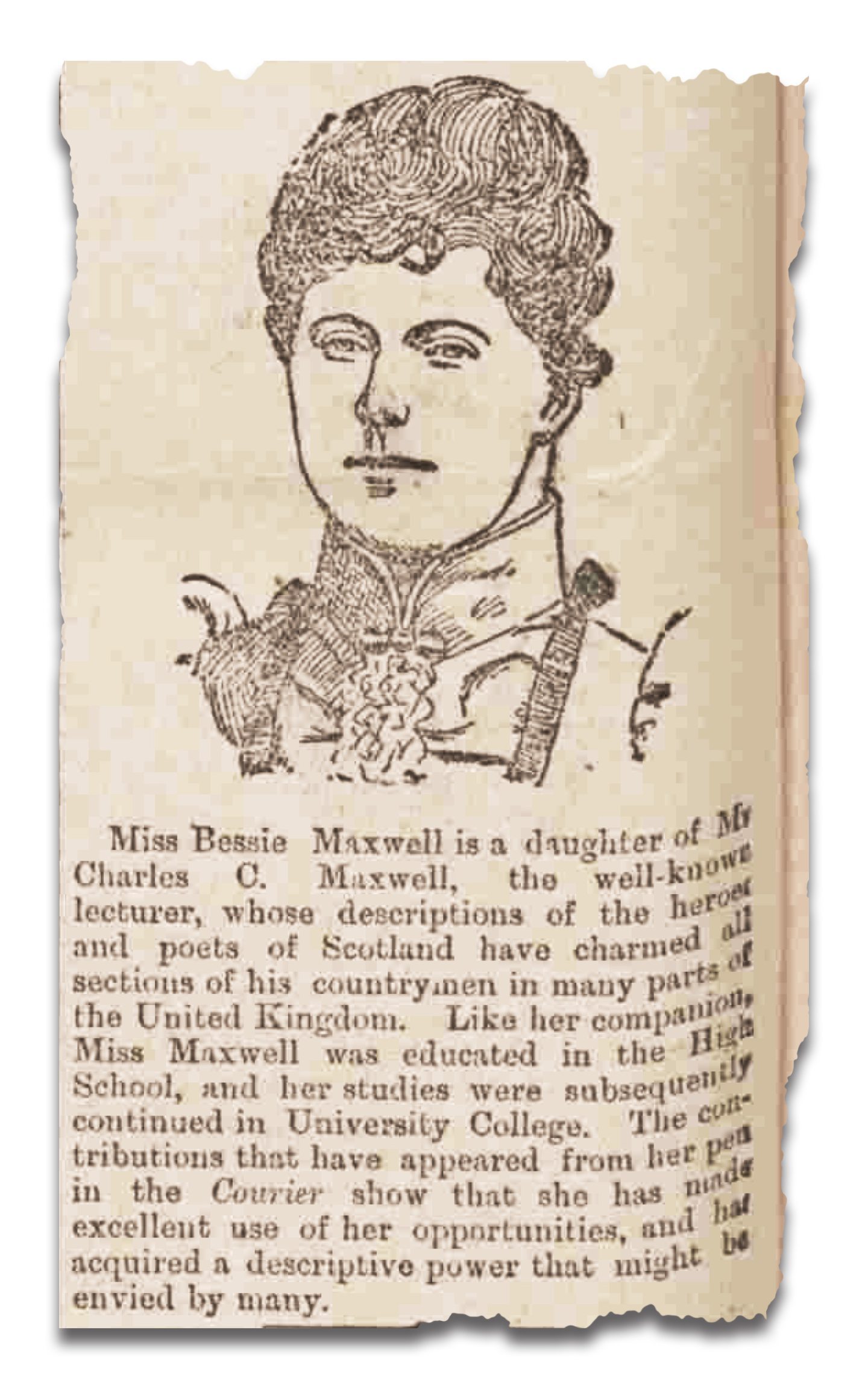 A biography of Bessie Maxwell, with a picture, that appeared in the Dundee Courier before her round the world trip